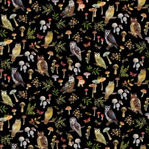 Wild Wonder - Owls and Mushrooms Black from Clothworks Fabric