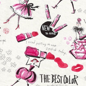 Może przedstawiać: Białe tło z różowymi i czarnymi ilustracjami szminki, butelek perfum i kobiet w sukienkach. Tekst "NEW 26-A1014" i "THE BEST COLOR" również znajduje się na obrazku.