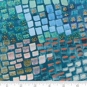 May include: Abstract fabric with a mosaic pattern in shades of blue, teal, and pink. The fabric has a textured surface and a subtle shimmer.