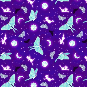Magic Moon Garden GLOW in DARK - Moths and Moons Purple from Henry Glass Fabric