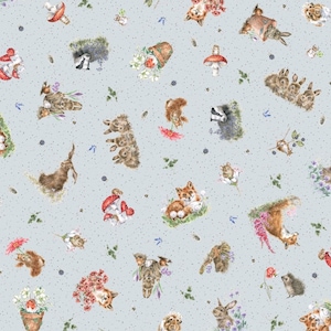 May include: A light blue background with a repeating pattern of woodland animals and plants. The animals include foxes, squirrels, rabbits, hedgehogs, and birds. The plants include flowers, leaves, and mushrooms.