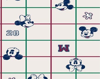 Puede incluir: Un fondo blanco con un patrón de cuadrícula en rojo y verde. La cuadrícula tiene varias imágenes de Mickey Mouse y Minnie Mouse en un estilo de boceto azul y blanco. El número 28 y la letra W también están incluidos en la cuadrícula.
