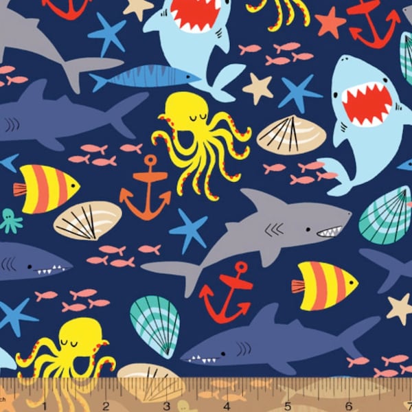 Cubby Bear FLANNEL - Sea Friends Navy Blue by Whistler Studios from Windham Fabrics