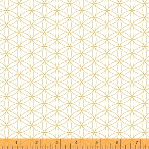 May include: White fabric with a repeating pattern of gold geometric shapes. The pattern resembles a flower of life.