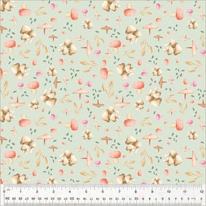 May include: A seamless pattern featuring a variety of mushrooms in shades of brown and white, with pink accents. The mushrooms are scattered on a light green background with small green leaves.