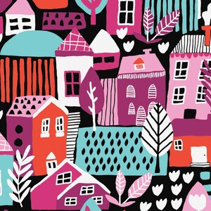 Quartier - Arbres de maisons noirs par Cotton Flower Studio de Camelot Fabrics