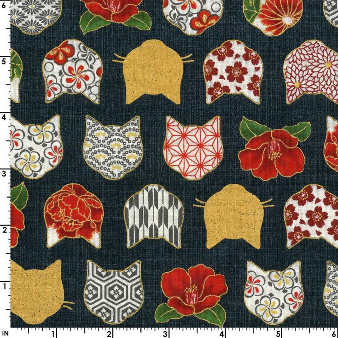 Hyakka Ryoran - Hana and Neko Cat Floral Charcoal Dark From Quilt
