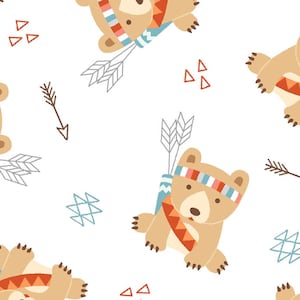 May include: A seamless pattern featuring brown bears wearing colorful headdresses and holding arrows. The background is white with geometric shapes in blue, red, and gray.