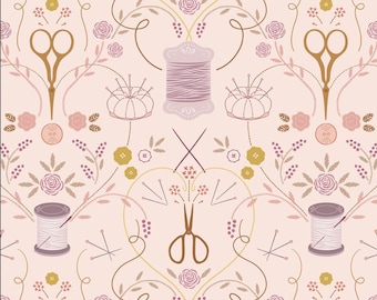 May include: A pink and brown floral pattern with sewing themed illustrations. The pattern includes spools of thread, scissors, thimbles, buttons, and needles.