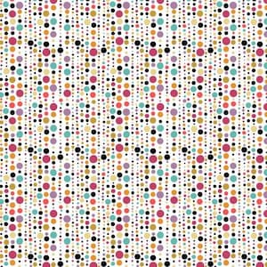 Puede incluir: Un patrón sin costuras de lunares de colores sobre un fondo blanco. Los lunares están dispuestos en filas verticales, creando un diseño repetitivo. Los colores incluyen negro, rojo, rosa, dorado, azul verdoso y morado.