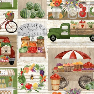May include: A collage of images depicting a farmers market with various fruits, vegetables, and other produce. The images include a green truck with a sign that reads "Farmers Market", a wooden stand with a scale and a variety of produce, a red and white striped umbrella over a cart with fresh fruit, and a wreath of vegetables and flowers.