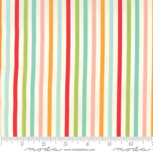 May include: White fabric with vertical stripes in green, light blue, pink, and orange. The fabric has a subtle texture and is ideal for quilting, sewing, and crafting.