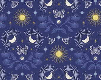 Celestial - Garden Dusk Blue Metallic from Lewis and Irene Fabric