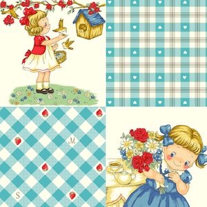 Margaret And Sophie 6 - Love Strawberry Aqua Blue PANEL 20 Inches from Quilt Gate Fabric