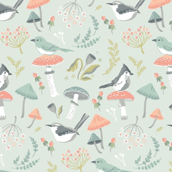 Woodland Songbirds - Songbird Mushroom Floral Light Blue by Sheri McCulley from Poppie Cotton Fabric