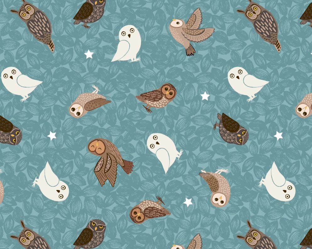 Nighttime in Bluebell Wood -Owls Blue GLOW in DARK from Lewis and Irene Fabric