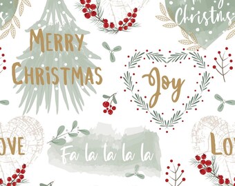 May include: A seamless pattern featuring a white background with green watercolor Christmas trees, hearts, and wreaths. The pattern includes the words "Merry Christmas", "Joy", "Love", and "Fa la la la la la".