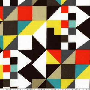 Puede incluir: Tela de patrón geométrico abstracto con cuadrados y triángulos negros, blancos, rojos, amarillos, grises y azul verdoso.