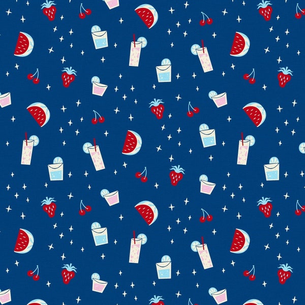 BBQ Block Party - Beverages Blue by Austin Chapman from Paintbrush Studio Fabrics