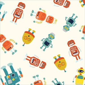 Peut inclure: Motif répété de robots de dessins animés colorés sur fond crème. Les robots sont de différentes couleurs, dont le rouge, l'orange, le jaune et le bleu. Ils ont des formes géométriques simples et sont disposés de manière ludique et aléatoire.