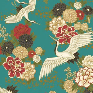 May include: A teal background with a floral pattern featuring red, white, and gold peonies and chrysanthemums. Two white cranes with black accents are flying through the flowers.