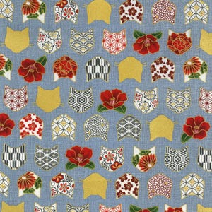 Hyakka Ryoran - Hana and Neko Cat Floral Blue Grey from Quilt Gate Fabric