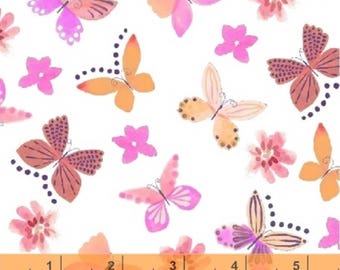 May include: A white fabric with a repeating pattern of pink and orange butterflies and pink flowers. The butterflies have black dots on their wings.