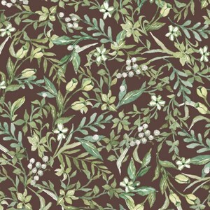 May include: A watercolour floral pattern with green leaves, white flowers, and small white berries on a dark brown backdrop. The design has a natural, botanical theme, with a repeating foliage pattern.