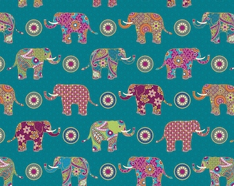 Regreso a la Esperanza - Elephant Wonder Teal Metallic de Benartex Fabrics