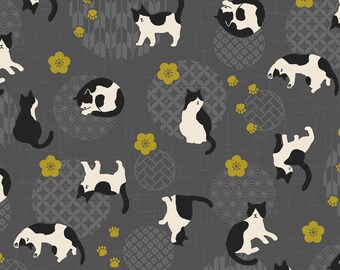 Hachiware Romance - Cats Toss Grey from Cosmo Fabric