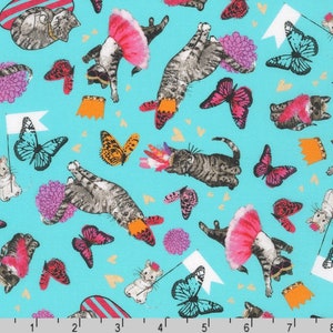 Fancypants - Cats Life Butterflies Turquoise by World Art Group from Robert Kaufman Fabrics