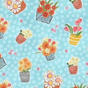 Könnte beinhalten: Ein blauer Hintergrund mit weißen Punkten zeigt ein sich wiederholendes Muster aus bunten Blumenarrangements in verschiedenen Töpfen. Die Blumen sind in verschiedenen Farben, darunter Rot, Orange, Gelb, Weiß und Rosa. Die Töpfe sind ebenfalls in verschiedenen Farben und Stilen, darunter Braun, Gelb und Grau.