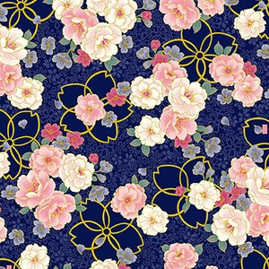 Hyakka Ryoran Shiki Metallic - Floral Navy Blue from Quilt Gate Fabric