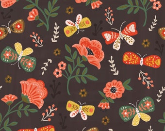 May include: A seamless pattern featuring red and orange flowers, green leaves, and yellow and brown butterflies on a dark brown background.