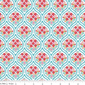 May include: A seamless fabric pattern featuring a repeating design of teal blue teardrop shapes filled with red, pink, yellow, and green floral bouquets. The background is white.