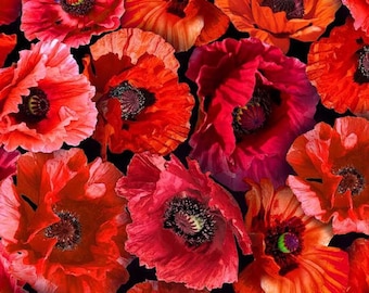 Puede incluir: Primer plano de una tela con un patrón repetido de amapolas rojas. Las amapolas tienen un centro oscuro y están dispuestas en un patrón aleatorio.