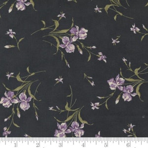 Peut inclure: Tissu foncé avec un motif floral représentant des fleurs d'iris violettes et blanches et des tiges vertes. Les fleurs sont dispersées sur le fond noir. Mesure en centimètres.