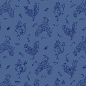 May include: A repeating pattern of blue roosters and feathers on a darker blue background. The rooster illustrations are detailed, with some standing and others upside down. The design is suitable for fabric or wallpaper.