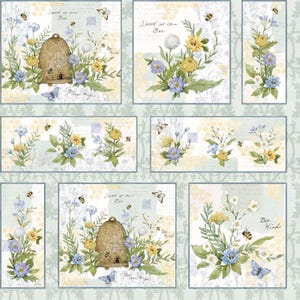 Pode incluir: Um tecido floral verde e branco com um padrão repetido de colmeias, abelhas, borboletas e flores. O tecido tem um toque vintage e inclui o texto "Sweet as can Bee" e "Bee Kind".