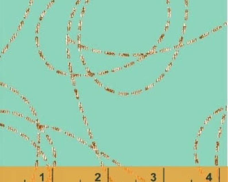 May include: Abstract pattern of thin, gold lines on a teal background. The lines create a series of overlapping circles and curves.