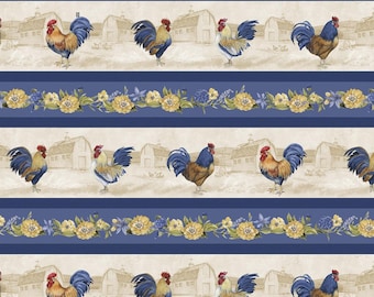 Morning Serenade - Rooster Chicken Repeating Stripe Multi from Wilmington Prints Fabric