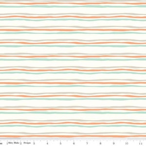 May include: Off-white fabric featuring horizontal, wavy stripes in orange, grey, and teal. The stripes are of varying widths and evenly spaced. The design is simple and modern, suitable for various craft projects. Measurements are in inches.