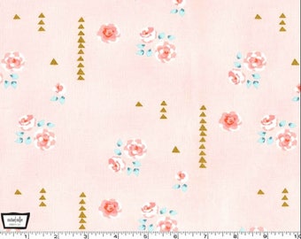 May include: Pink fabric with a repeating pattern of small pink roses and gold triangles. The fabric is ideal for crafting projects such as quilts, cushions, and clothing.