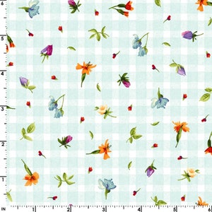 May include: A light blue and white gingham fabric with a scattered floral pattern. The flowers are in shades of orange, yellow, blue, purple, and red.
