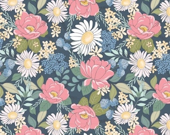 May include: A floral pattern featuring pink peonies, white daisies, and small yellow flowers on a dark teal background. Green leaves and blue accents complete the design, creating a vibrant and detailed botanical print.