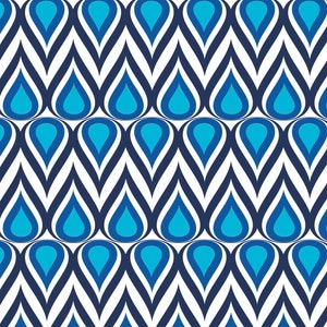 May include: A seamless pattern with a repeating design of blue and white teardrop shapes. The teardrops are arranged in rows and columns, creating a geometric pattern.