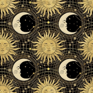 The Sun The Moon and The Stars - Moon Star Rings Black by Jason Yenter from In The Beginning Fabric