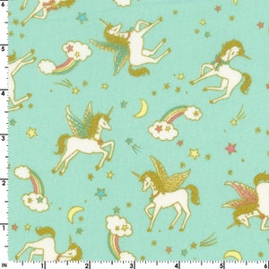 CUARTO DE GORDA - Tela Oxford con purpurina de animales - Unicornio verde azulado de Kokka Fabric
