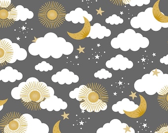 May include: A seamless pattern featuring gold suns, moons, and stars on a gray background. White clouds are scattered throughout the design.