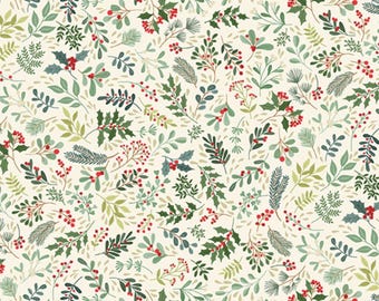 May include: Cream-coloured fabric with a repeating pattern of green leaves, holly, and red berries. The design includes various leaf shapes and textures, creating a festive, seasonal aesthetic. Suitable for holiday-themed crafts and projects.